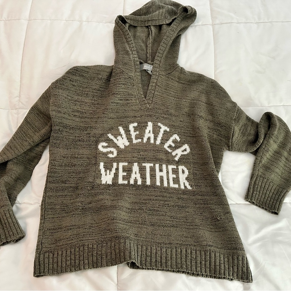 Marled Olive V-Neck Hooded Sweater